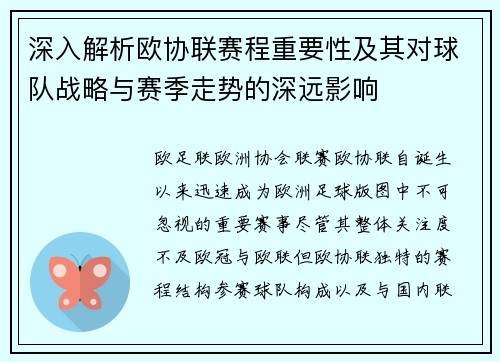 深入解析欧协联赛程重要性及其对球队战略与赛季走势的深远影响